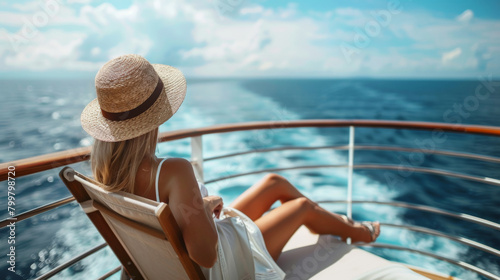 Young woman relaxing on an outdoor deck of a cruise ship looking at view of the sea on a luxury travel to cross the ocean