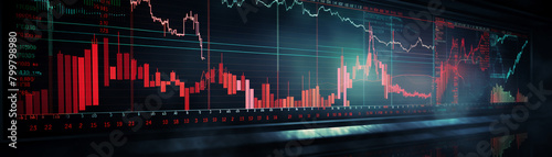 Intense focus on a stock market analysis terminal showing a drastic fall in stock prices with red indicators, capturing a moment of financial crisis photo