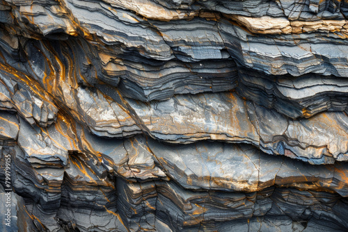 Close up of layered patterns and textures of sedimentary rock formations, with each distinct layer representing a different geological epoch .