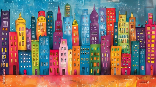 blue town city illustration poster background