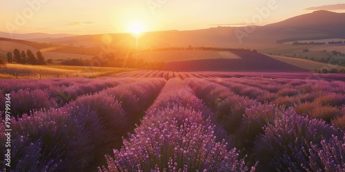Sunrise over lavender  Golden light illuminates the rolling hills of a lavender field  creating a breathtaking scene of summer magic.