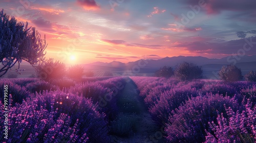 Sunrise serenade amidst lavender: Nature's symphony unfolds as the sun rises over the lavender fields, filling the air with beauty.  photo