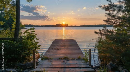 Sunset vista  A rustic wooden dock frames the serene beauty of the lake as the sun dips below the horizon  casting a warm glow. 