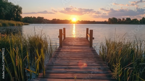 Sunset vista: A rustic wooden dock frames the serene beauty of the lake as the sun dips below the horizon, casting a warm glow.  photo