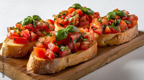 High angle view capturing the essence of bruschetta with fresh tomatoes, garlic, and basil, pristine presentation on an isolated background, studio lighting