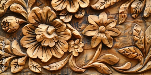 an eye-catching stock photo showcasing a floral line art pattern intricately carved into a piece of natural wood, exemplifying the fusion of traditional craftsmanship with contemporary aesthetics.