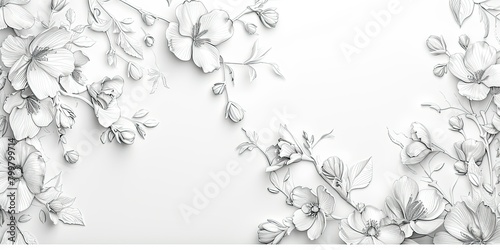 a floral line art pattern on a pristine white background, capturing every intricate detail with studio-quality lighting.