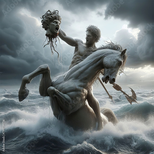 Perseus holds the head of Medusa up high above the ocean riding Pegasus, the winged stallion. photo