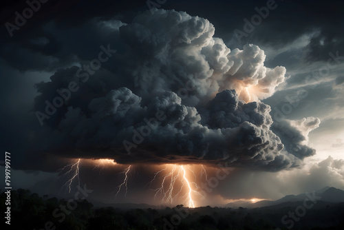 A landscape of storm clouds and lightning strikes photo