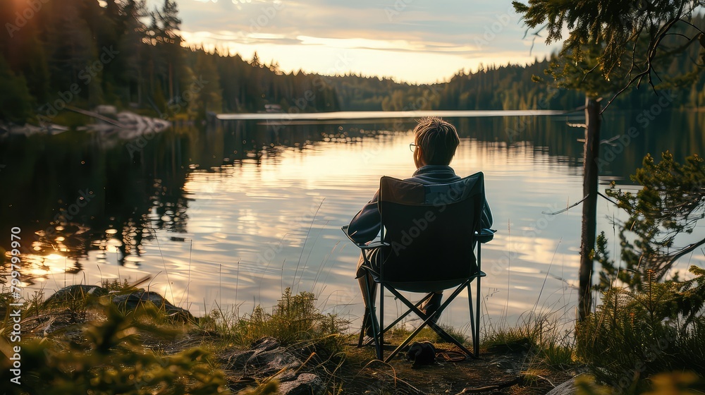 Tranquil forest escape: A man enjoys the calm of the forest lake on a summer evening, seated in a camping chair with the tranquil waters in the background.