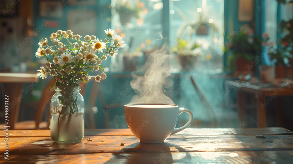 Local people's cafe With hot coffee in a coffee mug on a wooden table, a bright morning. Local people's cafe With hot coffee in a coffee mug on a wooden table, a bright morning.