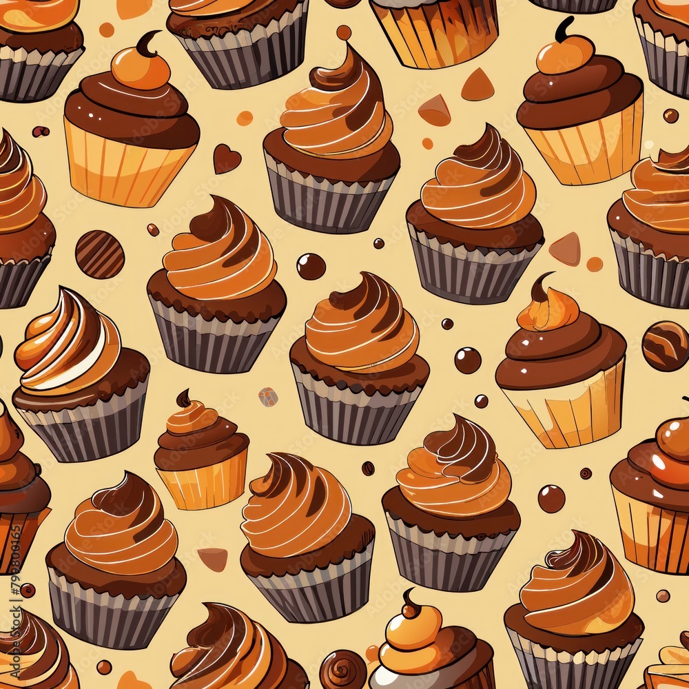 Seamless pattern of mocha cupcakes infused with rich chocolate and coffee flavors, Generative AI Seamless pattern of mocha cupcakes infused with rich chocolate and coffee flavors, Generative AI