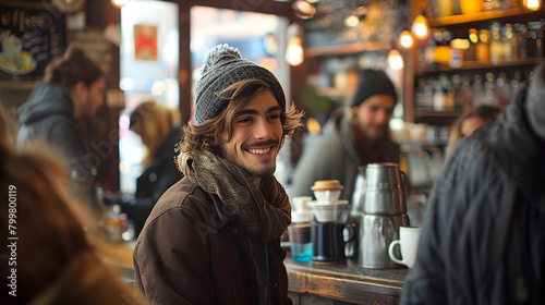 A young man who loves good coffee. He sat next to his best friend. Their laughter, Each sip of espresso gave him a warm, satisfied feeling.