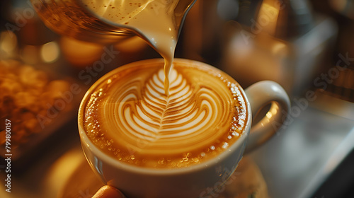 The barista pours milk carefully,They begin with a gentle pour and create patterns as the milk mixes with the coffee.a beautifully crafted latte with intricate patterns atop.