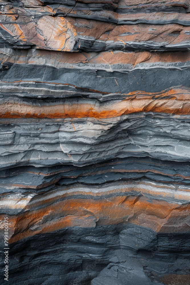 Close up of layered patterns and textures of sedimentary rock formations, with each distinct layer representing a different geological epoch .