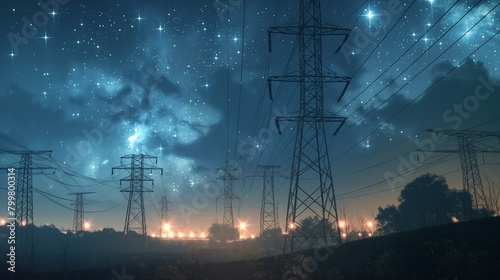 night view over electricity wires, Electricity is digitally visualized in three dimensions in this 3D render of power transmission lines. 