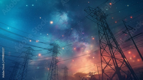 night view over electricity wires, Electricity is digitally visualized in three dimensions in this 3D render of power transmission lines. 