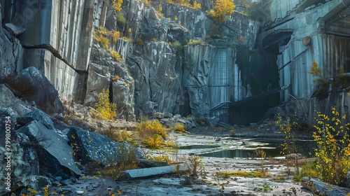 An artistic and surreal depiction of a weathered, abandoned quarry.