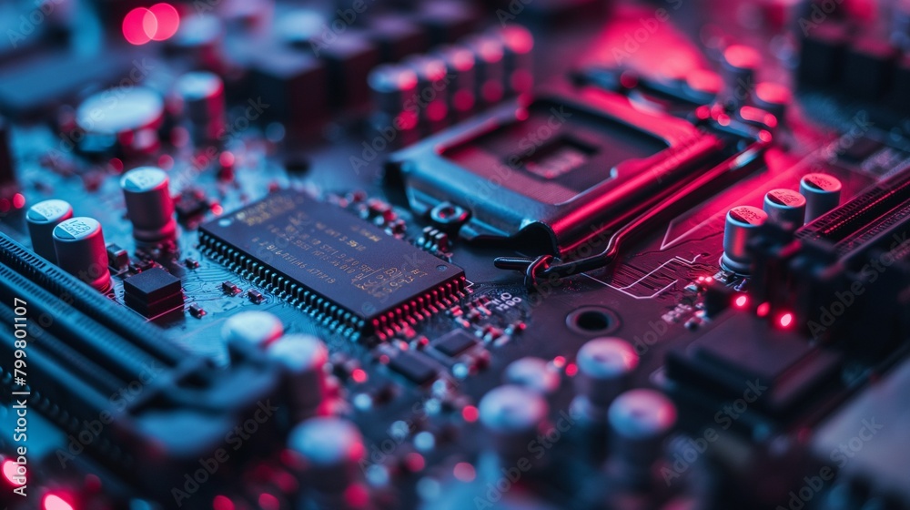 close-up of a cutting-edge computer board's CPU, RAM, or GPU for artificial intelligence