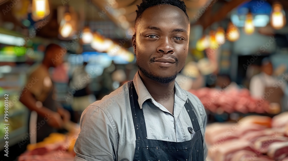 A young black butcher standing proudly in front of his modern butchery ...