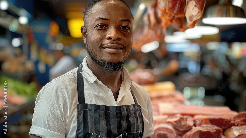 A young black butcher standing proudly in front of his modern butchery in an upmarket mall. Generative AI.