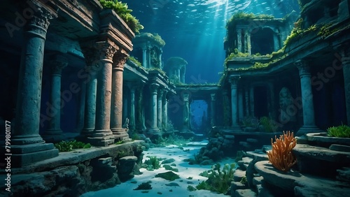 Under the sea that shines brightly in an ancient temple surrounded by water It is home to fish and statues, combining architecture, art and religion. © VFX1988