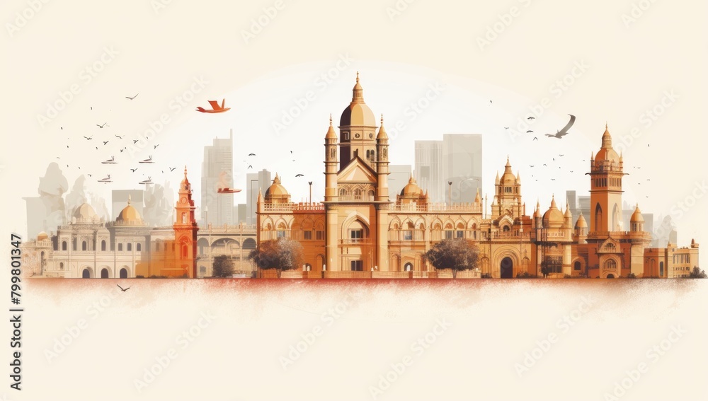 Watercolor splash with hand drawn sketch of Gateway of India Mumbai, India in illustration