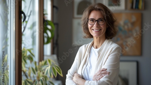 Mature, happy, laughing 60s middle-aged business woman standing indoors in home office, arms crossed.