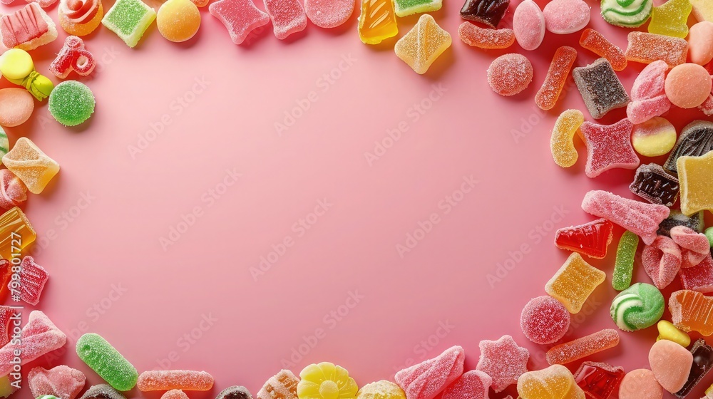  Against a backdrop of cheerful colors, an array of delectable candies entices the viewer with their sugary allure. 