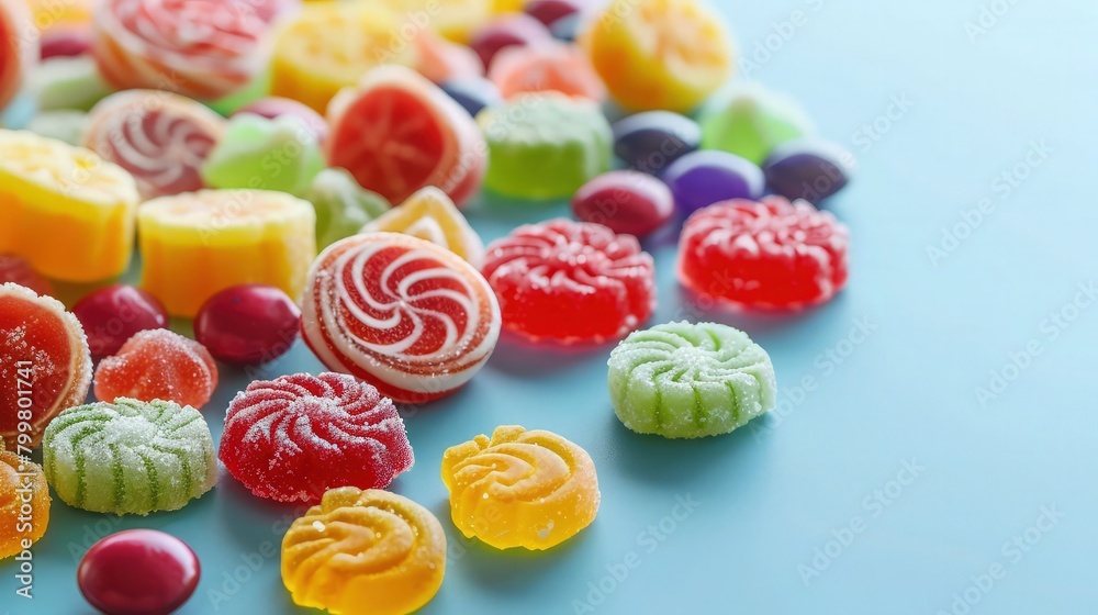 Fototapeta premium A tempting assortment of colorful candies is artfully arranged on a vibrant background, with plenty of copy space for text or other elements. 