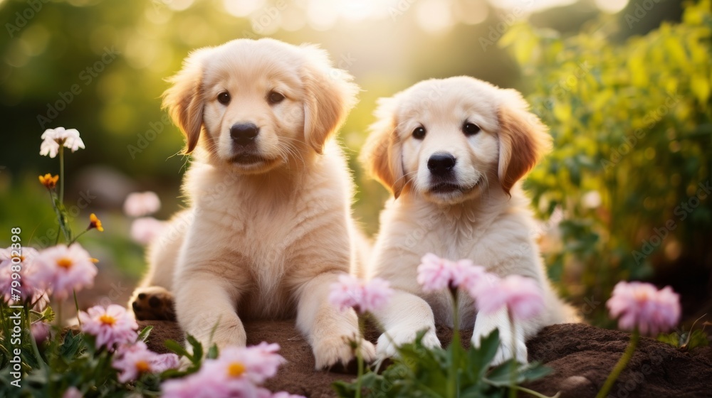 Labrador retriever puppies sitting among flowers and green grass