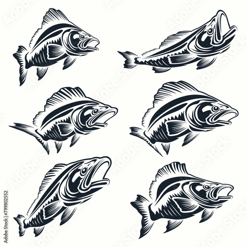 Set of black fish on white background