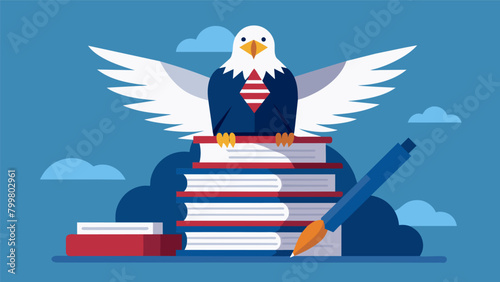 The patriotic image of a bald eagle perched atop a stack of officiallooking papers with a quill pen clutched in its talons.. Vector illustration photo