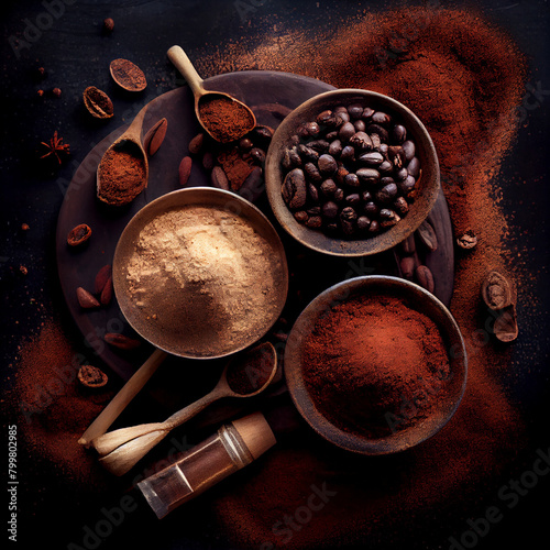 Coffee Bean Symphony: Top-View Free Photo Featuring Bowls of Aromatic Beansv