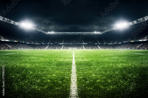 An empty soccer stadium captured with lush green grass