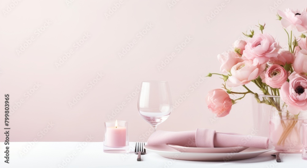 A romantic celebration with a beautifully set table, wine glasses and gift decorations A romantic celebration with a beautifully set table, wine glasses and gift decorations