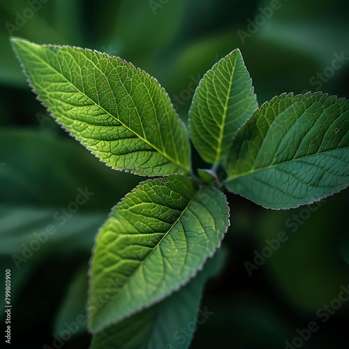 detailed macro shot of fresh foliage, including green leaves and a large green leaf, with a blurry