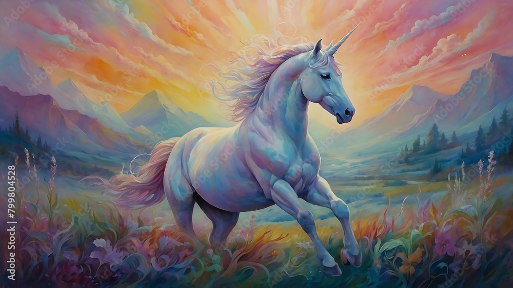 Beautiful horse unicorn galloping in the field at sunset. Watercolor. Multicolored