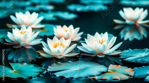 Water Lilies Blooming Serenely on Calm Waters.