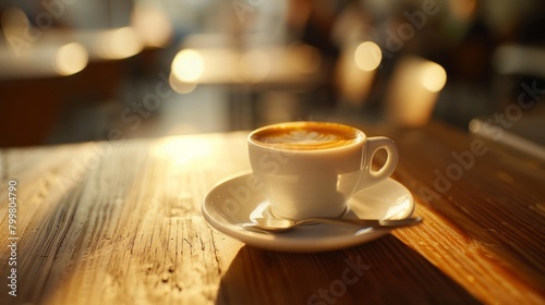 Cup of coffee on saucer with spoon. Tilt shift photography. Anamorphic bokeh.