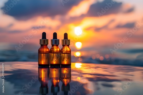 Collagen peptides serum in glass bottles against sunset ocean backdrop for skin. Concept Beauty, Skincare, Collagen Peptides, Glass Bottles, Sunset Ocean Backdrop photo
