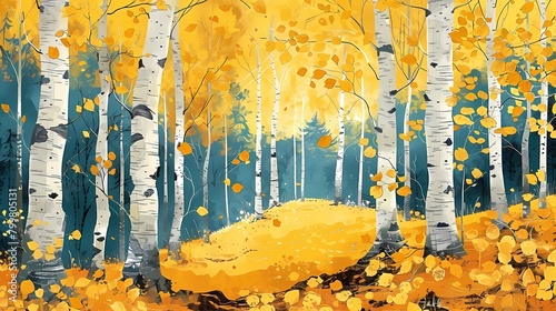 birch forest with yellow leaves in autumn illustration poster background 