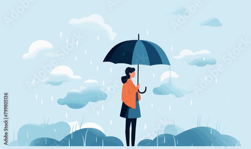 A woman is standing in the rain holding an umbrella