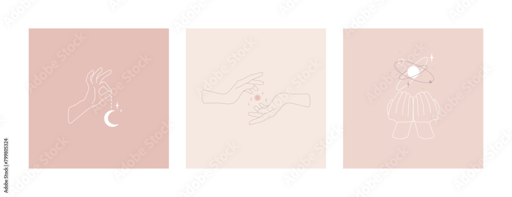 Set of female magical hands. Mystical logo template of sun crystals, stars and moon. Linear style, minimal design. Planets, sun and stars. Esoteric and mystical design elements. Set Posters in pastel