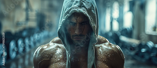 Muscular athlete with hood in dim gym mirror. Generative AI. photo