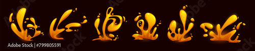 Magma and lava fire effect. 2d liquid volcano splash. Magic fx flame burst design set. Hell energy explosion motion isolated icon. Boiling volcanic flow. Red and orange eruption wave falling ui