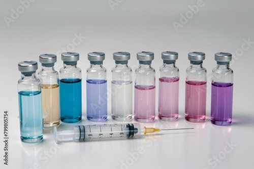 Arrange several vials in a row or triangular pattern, some with stoppers removed and syringes filled with the liquid.