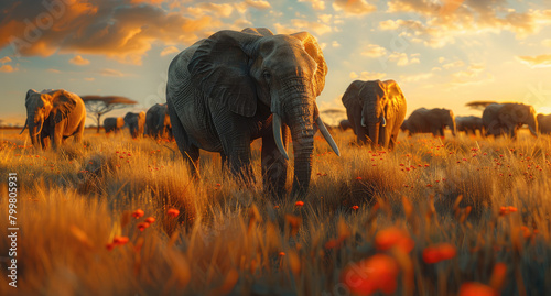 Many African elephants throughout the Savannah field. Generative AI.