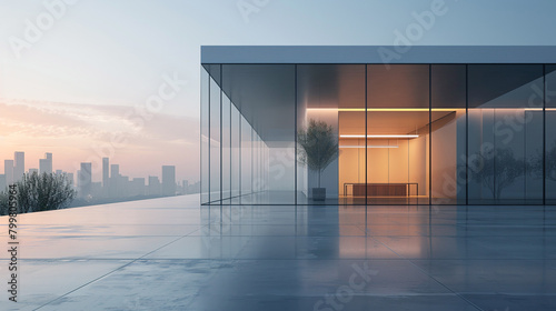 Modern office building with glass wall and concrete floor. 3d rendering. AI.