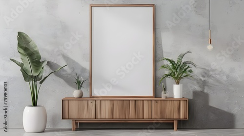 Mockup frame in living room interior with chair and decor,Scandinavian style.3d rendering, Mock up poster frame on cabinet in interior.3d rendering, Mock up poster frame in modern Ai generated  © Hamid